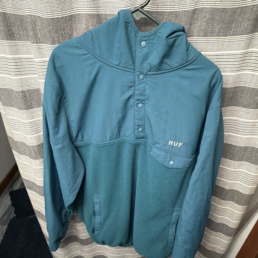 HUF Mens Teal Fleece Nylon Snap Pullover Jacket Outdoor Streetwear